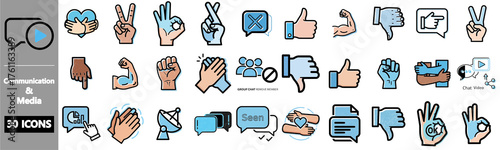 Set of communication and media icons with hands and speech bubbles.