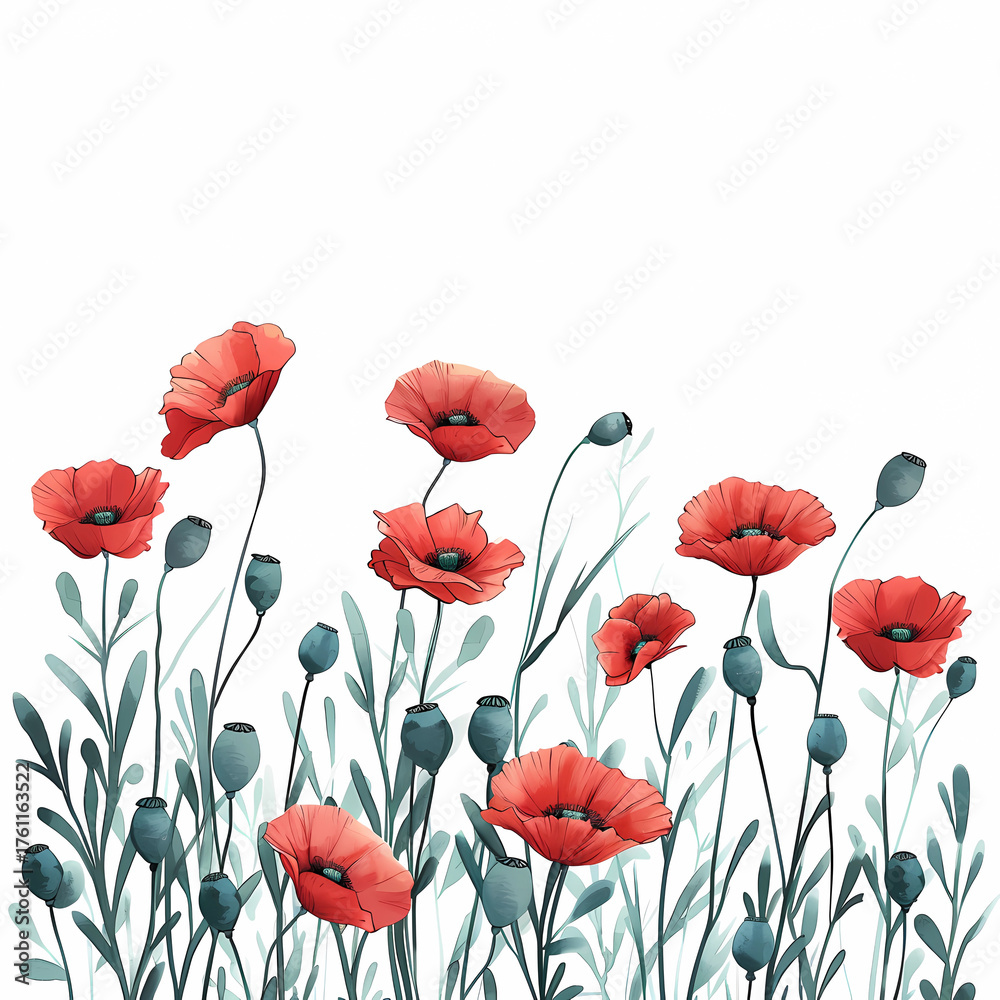 Obraz premium Red poppy flowers botanical illustration isolated on white background 