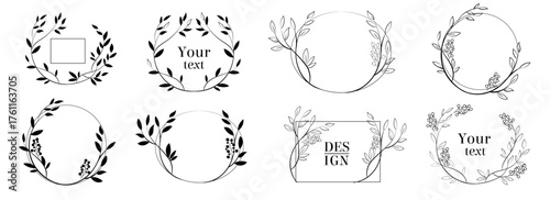 Botanical vector wreath frames set, minimal floral line art templates, elegant leaf and branch round logo design elements