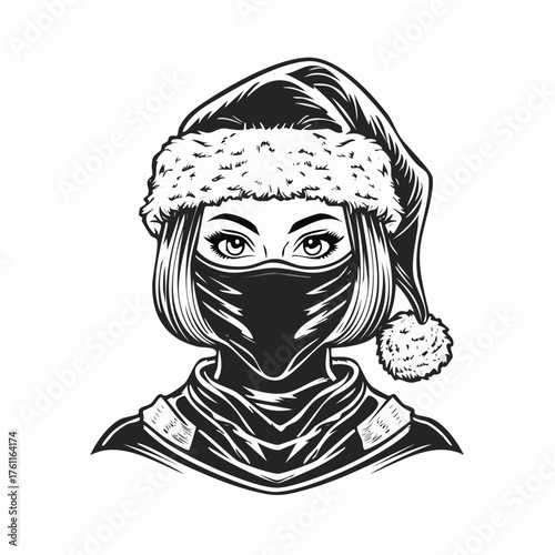 Ninja Santa: Black and White Vector Illustration