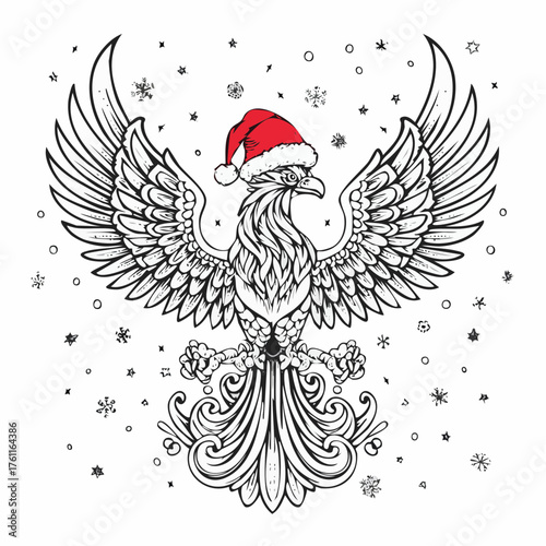 Firefly Phoenix in Santa Hat: Black and White Vector Illustration