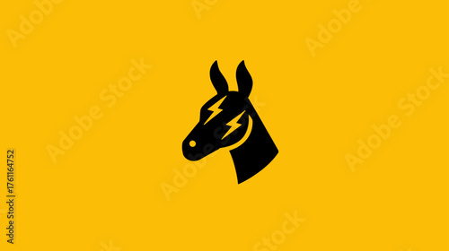Dynamic black donkey head silhouette with electric lightning bolts on a vibrant yellow background, symbolizing speed and power.