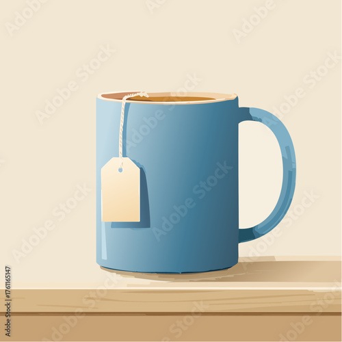 A charming blue mug with a single teabag string hanging against a muted beige table.