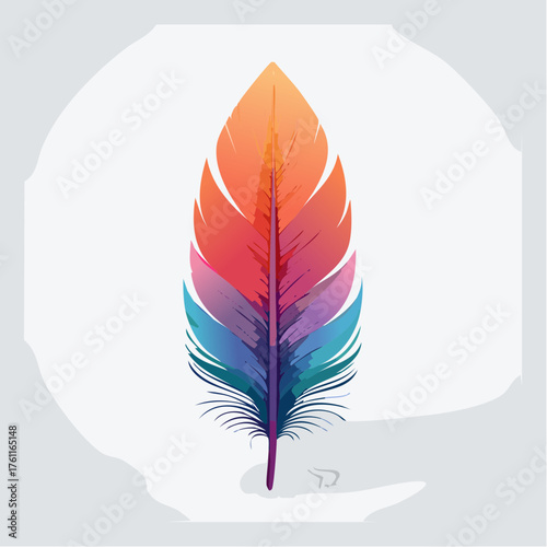 A vibrant feather positioned vertically on a blank background with delicate shadows beneath.