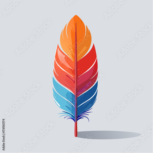 A vibrant feather positioned vertically on a blank background with delicate shadows beneath.