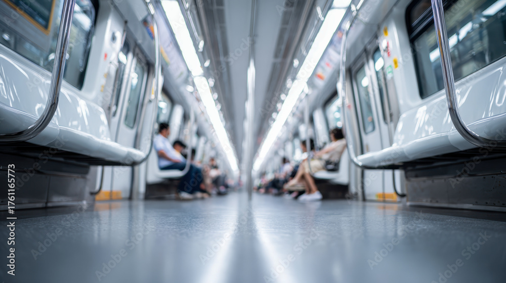 Obraz premium Modern subway interior with passengers seated on both sides, illuminated by bright overhead lighting, captured from a low-angle perspective emphasizing spaciousness and cleanliness