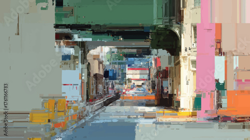 Vibrant abstract glitch art cityscape with pixelated digital distortion, featuring a fragmented urban street scene and colorful data corruption.