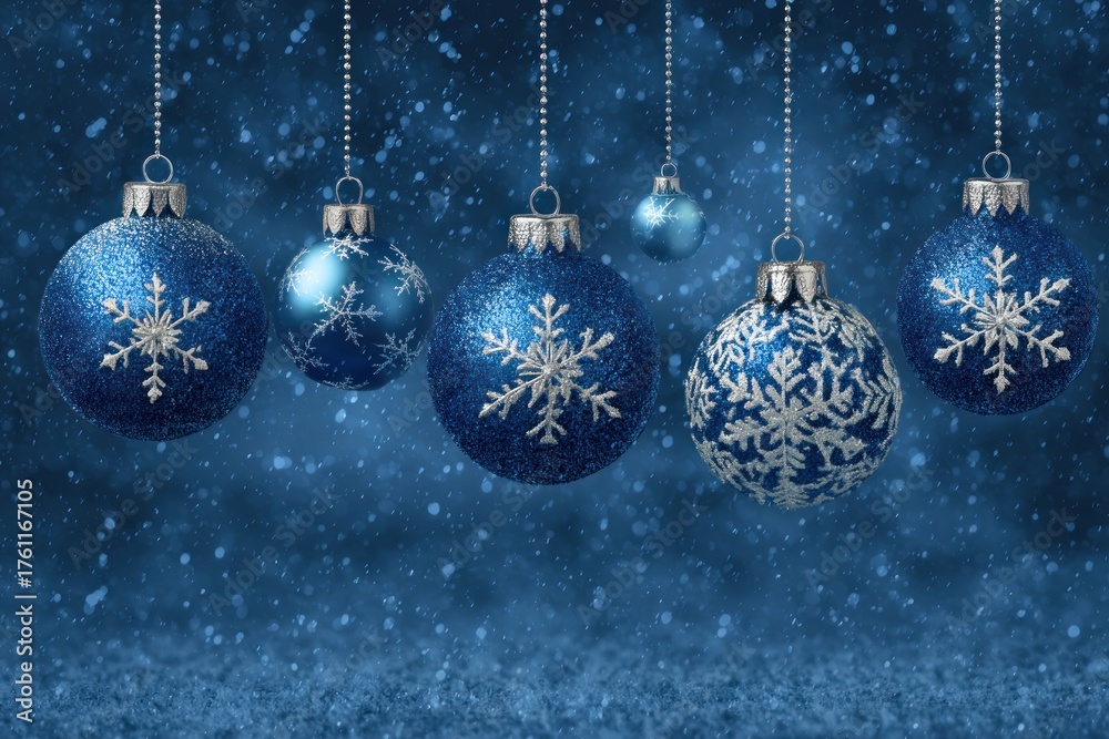 Fototapeta premium Sparkling blue Christmas ornaments with snowflakes hang against a festive winter background.