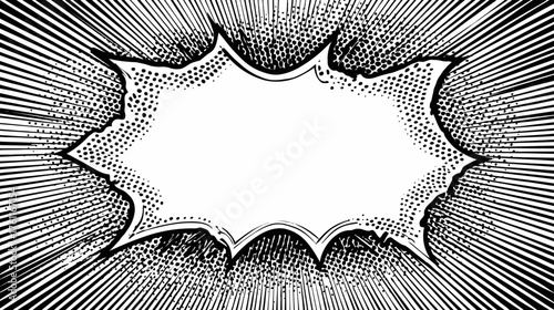 Manga style comic explosion burst speech bubble. Black and white graphic effect with radial speed lines, pop art design element.