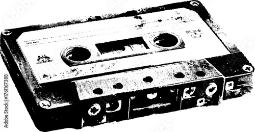 Retro cassette tape high contrast black and white illustration set for vintage design