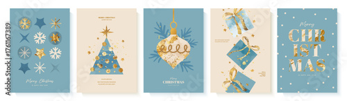 Set of modern Christmas and New Year greeting cards in an elegant artistic style. Vertical designs with gold foil texture, watercolor elements and holiday elements for winter holiday invitations