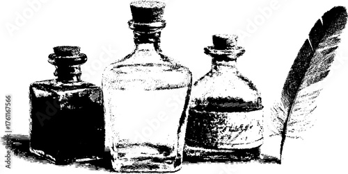 Vintage ink bottles and quill pen illustration - high contrast black and white set