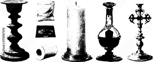 High contrast black and white ink pen illustration of ornamental objects for design projects