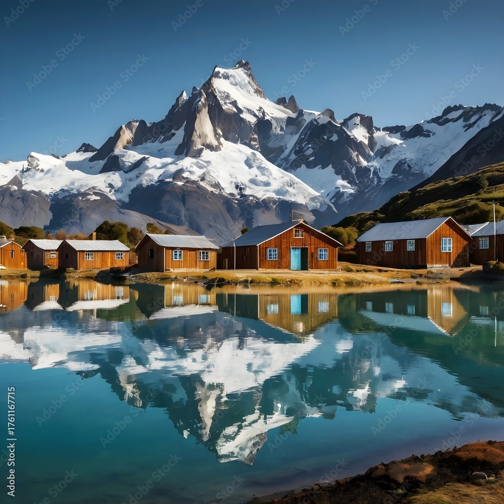 Fototapeta premium A Patagonian village in Chile, with wooden houses by a crystal-clear lake and towering glaciers in the background.