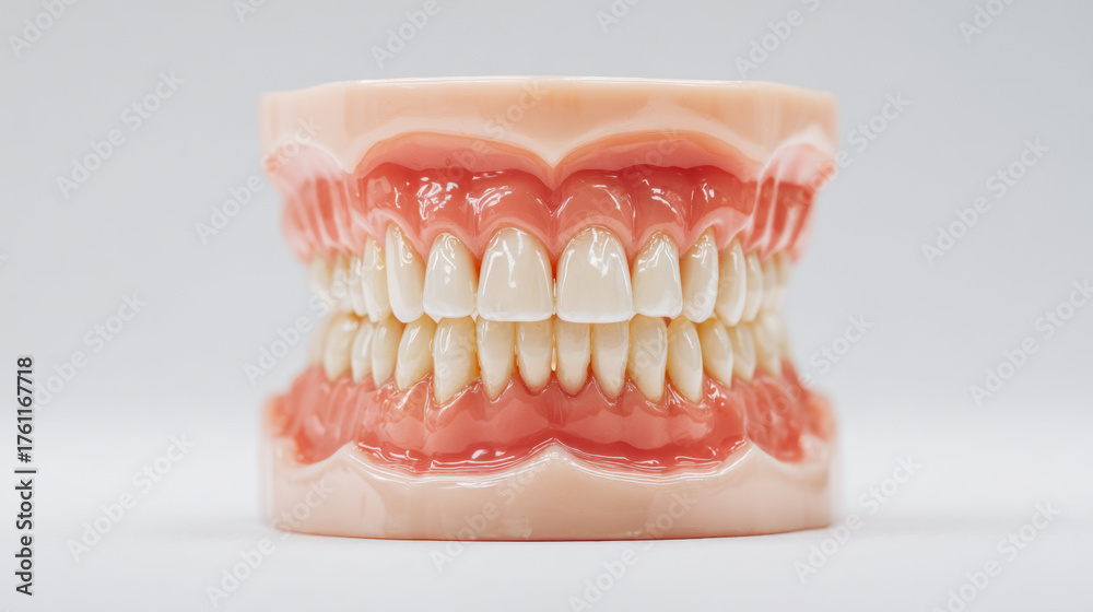 Obraz premium Detailed model of full dental arches showcasing realistic teeth and gums used for dental education and treatment planning in a clinical setting
