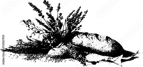 Black and white halftone art of abstract bread with floral elements