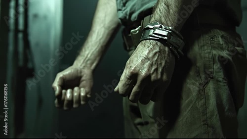 Close-up of restrained hands in a dramatic, tense atmosphere.