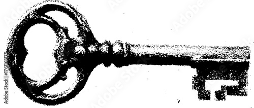Black and white halftone illustration of ancient lock and key