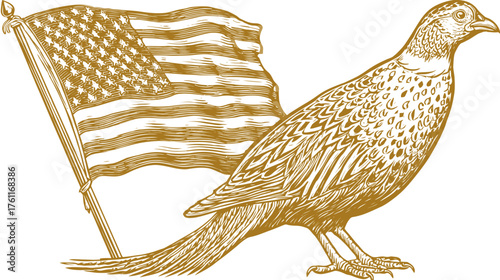 Detailed vintage engraved illustration of a pheasant standing proudly beside a waving American flag, patriotic wildlife art.
