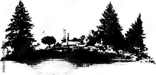 Black and white halftone landscape with trees and building - vintage aesthetic for design