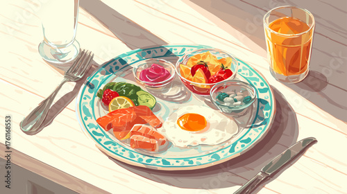 Healthy breakfast plate with fried egg, cured fish, fresh fruit salad, and orange juice on a sunlit wooden table, morning meal.
