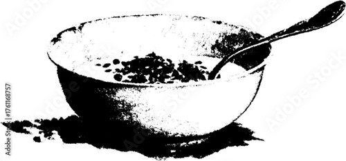 Vintage halftone illustration of ceramic bowl with spoon for artistic design