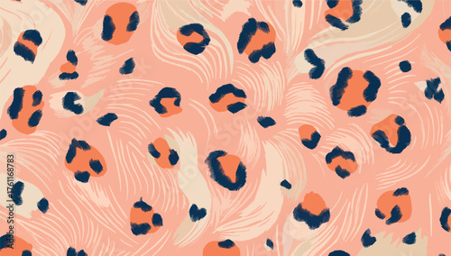 Abstract leopard pattern in coral, navy, and beige colors. Modern seamless animal vector with artistic brush strokes and flowing texture, perfect for textile design, fashion prints, wallpapers.