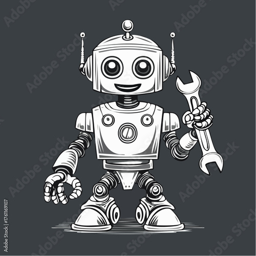 Firefly Robot with Wrench - Retro Monochrome Vector Engraving