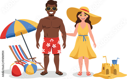 Beach couple, summer vacation, sandcastle, beach umbrella, beach balls, striped chair, sunglasses, sunhat, yellow dress, floral trunks, seaside fun, cartoon style