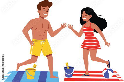 Beach fun, summer vacation, kids playing, striped towels, colorful buckets, beach ball, joyful moment, seaside activity, happy children, sunny day