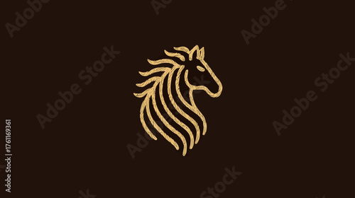 Elegant Golden Horse Head Logo Design. Stylized Equine Emblem with Flowing Mane on Dark Background. Minimalist Vector Illustration.