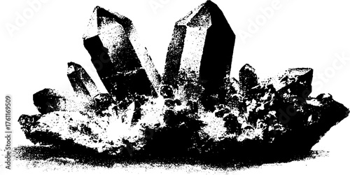 Black and white halftone illustration of crystal cluster for design projects