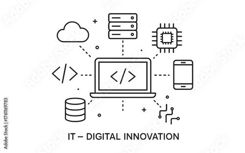 Modern technology concept with coding symbols and digital devices in linear style