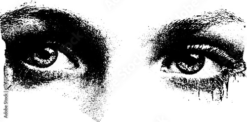 Expressive humanoid eyes in black and white halftone illustration for artistic design projects