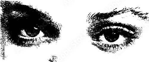 Black and white halftone illustration of expressive eyes in gritty style