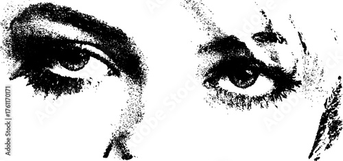 Gritty black and white halftone illustration of eyes with abstract flowing elements