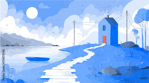 Serene blue landscape illustration with a small house by a tranquil lake, a winding path, and a lone boat under a calm sky