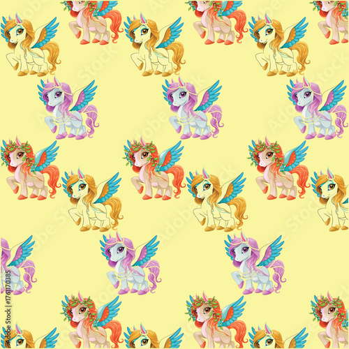 Fantasy Flying Horses Cartoon Pattern
