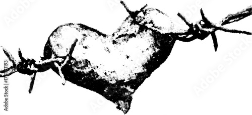Edgy heart symbol with barbed wire - halftone black and white design for tattoos and prints