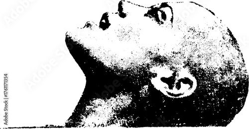 Black and white halftone illustration of human profile with retro xerox effect