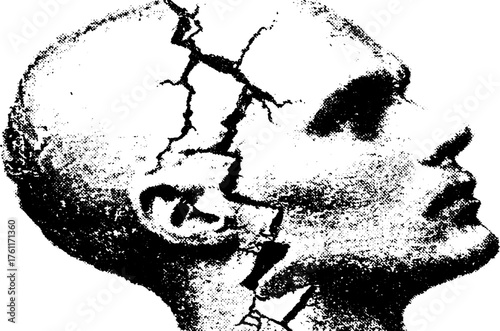 Surreal black and white halftone portrait of cracked human head