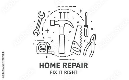 Home repair tools in minimalist linear design for diy projects and fix-it tips
