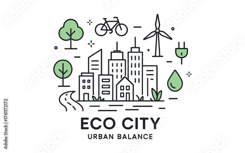Eco city concept with urban balance and sustainable elements in linear style
