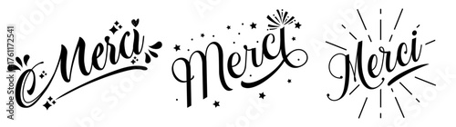Merci typography vector set with collection of three monochrome hand-drawn calligraphic illustrations ideal for thank you cards, social media, and appreciation notes.