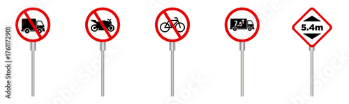 Vector illustration set of road traffic prohibition and regulation signs, includes no trucks, no motorcycles, no bicycles, weight limit, and height limit warnings for transportation projects.