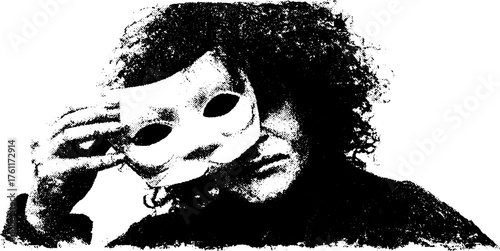 Mysterious figure concealed by mask in black and white halftone style