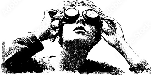 Retro grunge portrait of person holding goggles in black and white halftone style for vintage design
