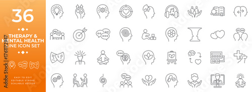 Comprehensive icon vector set for therapy and mental health, collection features editable line icons of psychology, counseling, and wellness concepts for a positive mind.