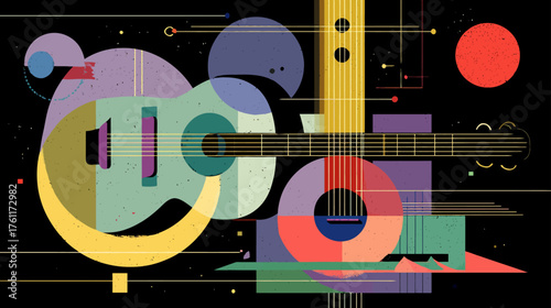 Vibrant Abstract Geometric Acoustic Guitar Illustration with Modern Art Style and Stylized Shapes on Dark Background