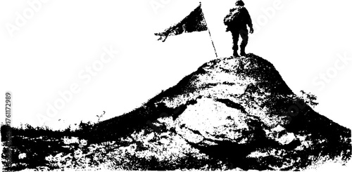Vintage halftone illustration of person standing on rock hilltop with flag for retro art design